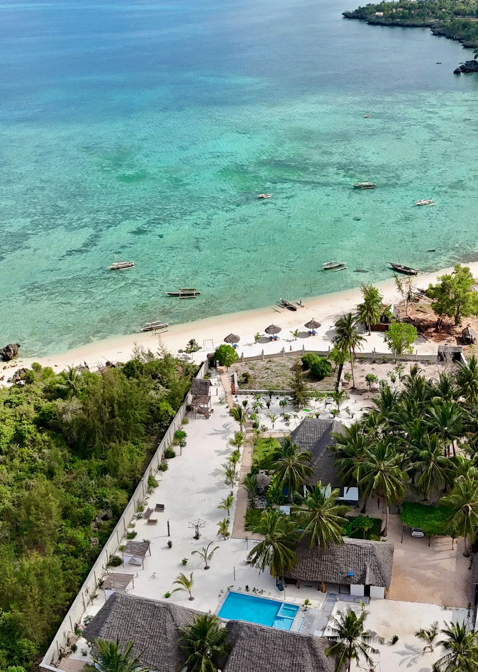 Aerial view along the shoreline showing the beach, the villas and the treeline behind