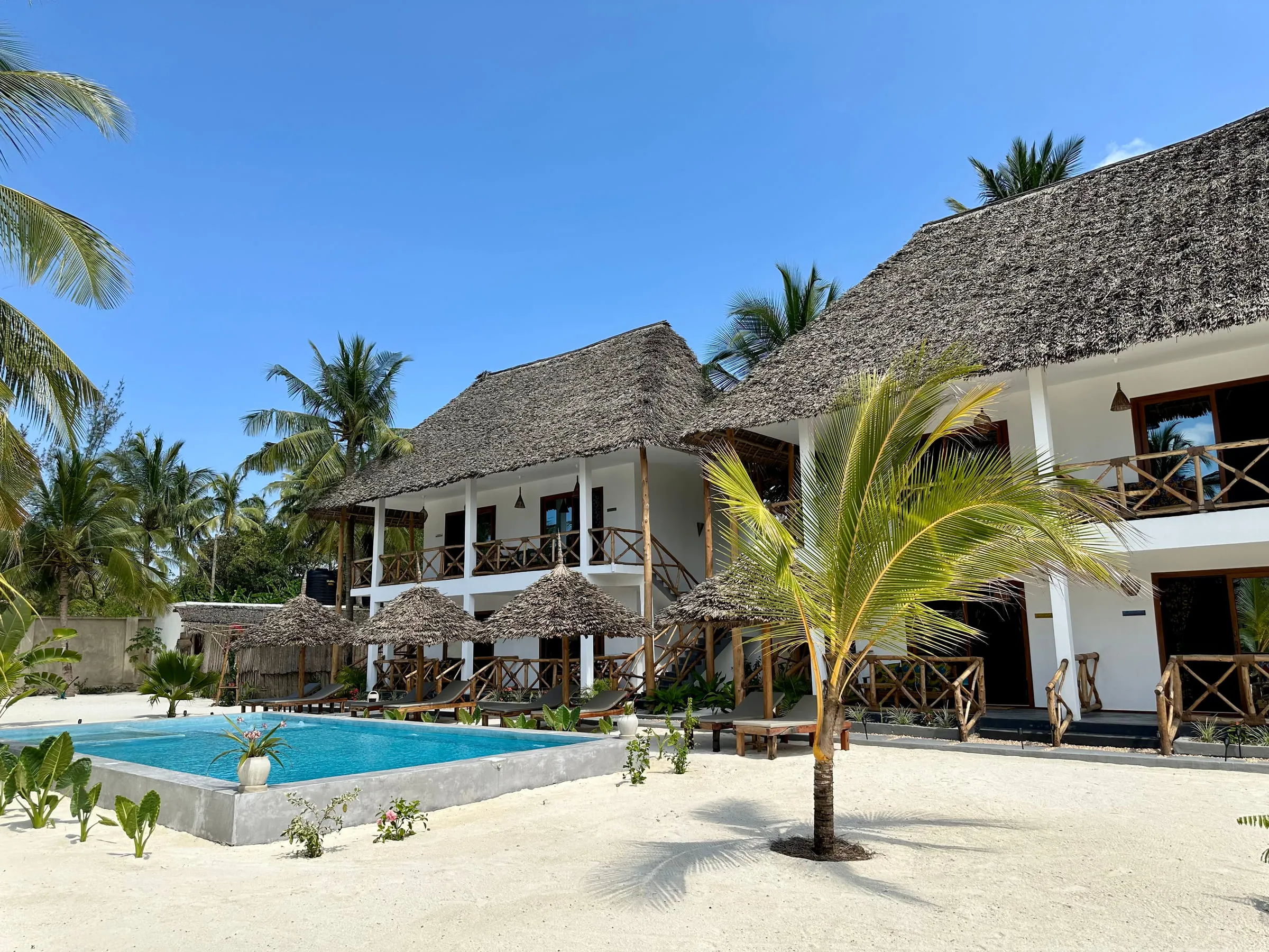 The long blue swimming pool with palm trees and the villa buildings beyond