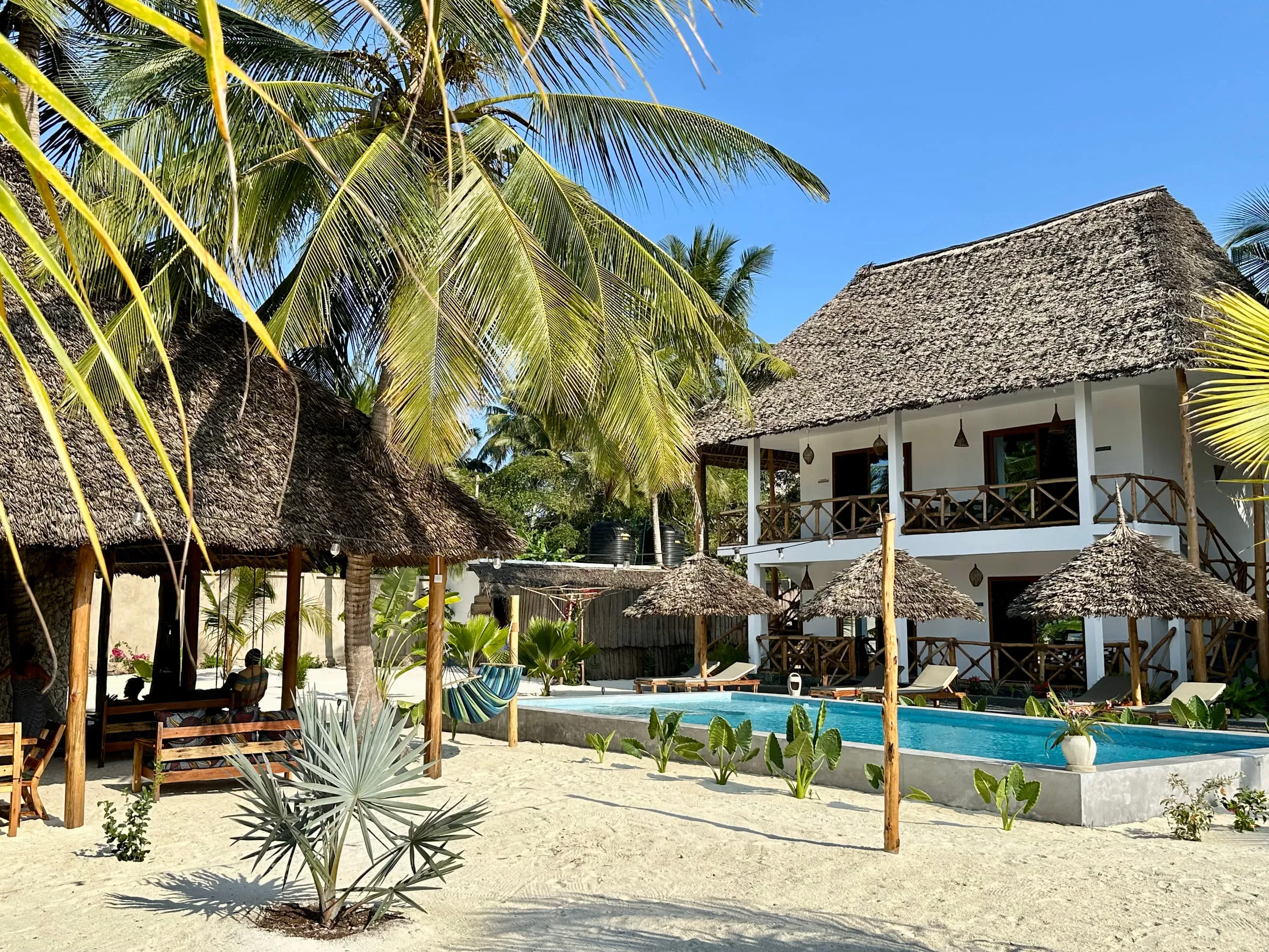 The pool and thatched shade structures seen from the sand, with palms overhead