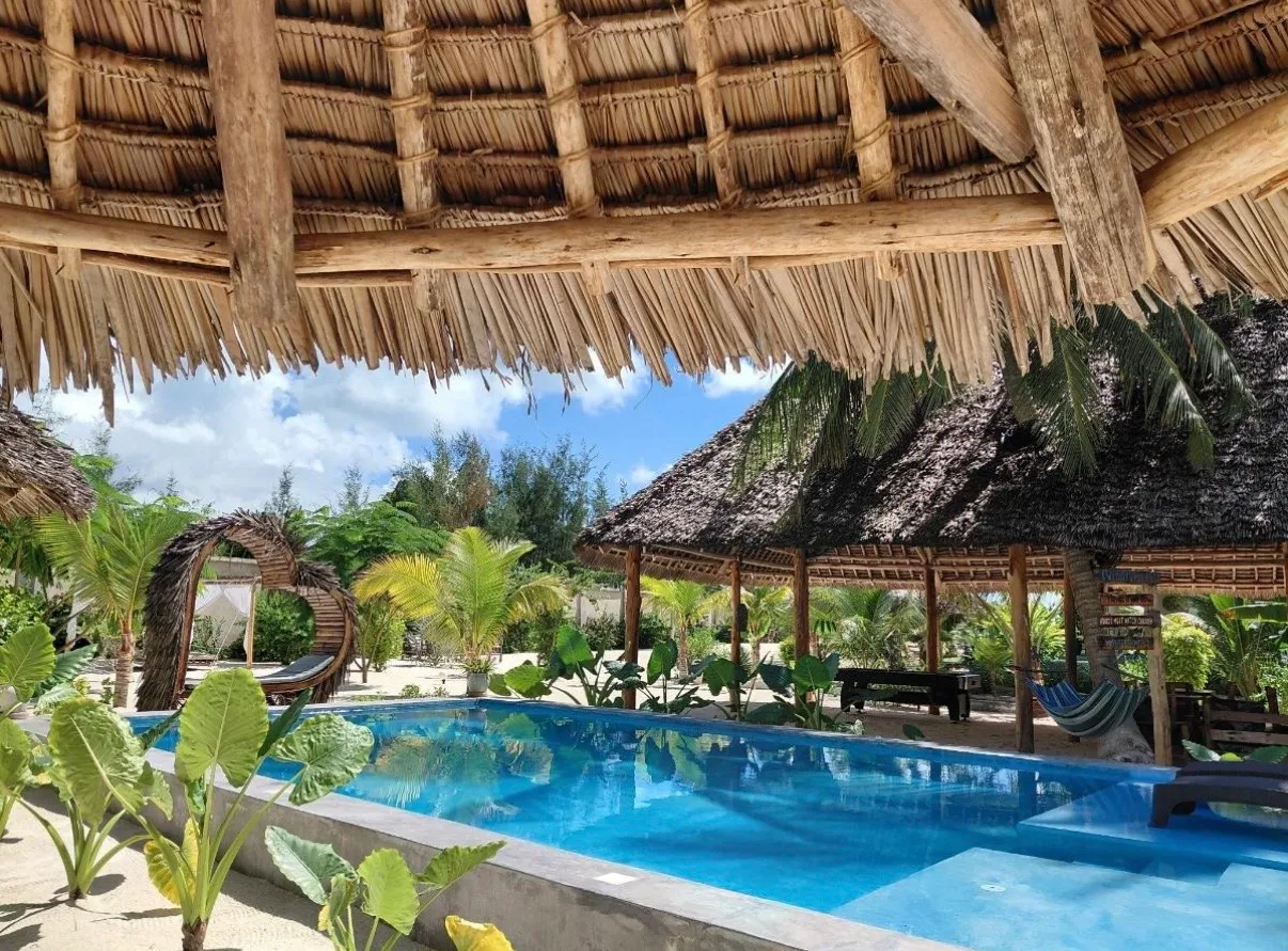 The pool seen from the sunbeds